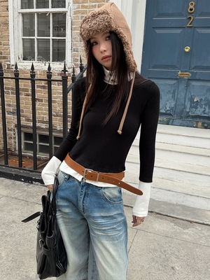 MMFISH时髦街头假两件撞色立领设计感修身显瘦纯色长袖T恤25T623