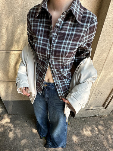 MMFISH街头时髦磨毛修身复古压褶收腰格子纽扣格纹长袖衬衫24C393