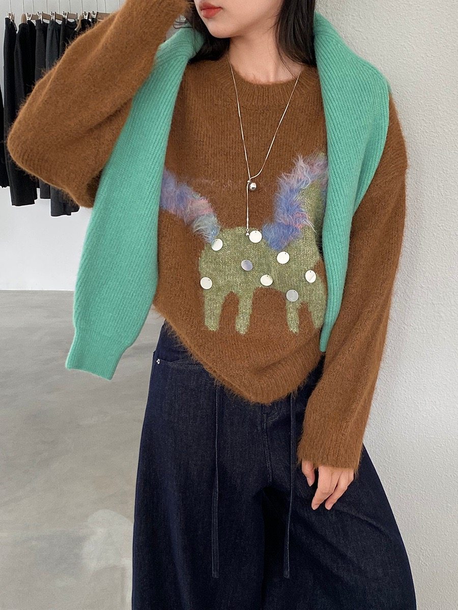 江左 童趣小马刺绣亮片毛衣女秋冬奶fufu慵懒风加厚针织上衣J8926