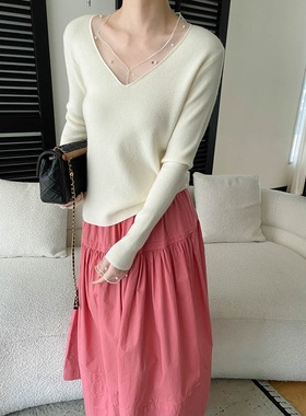 司南 早春新款 法式网纱珍珠拼接V领显瘦百搭针织衫打底 SN8575