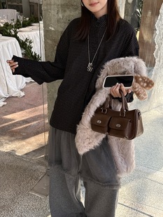 女2026时尚 衬衫 休闲上衣潮 韩系木耳边半门襟格纹长袖 黎诺早春新款