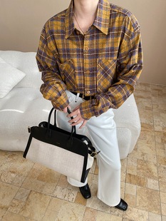 衬衫 复古慵懒风撞色格纹翻领宽松长袖 SN8279 设计感双口袋 司南