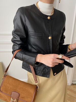 司南 法式金扣小香风编织纹理皮衣外套小众设计感秋冬新款 SN2369