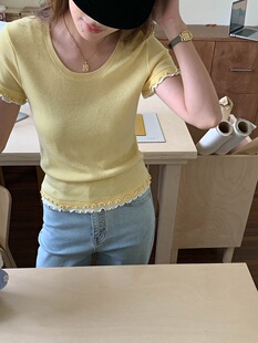 3th Morning 早春新款 撞色双层木耳边修身针织衫短袖ZY3928