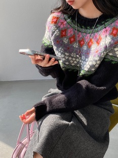 U1441 新款 江左 复古小碎花费尔岛宽松圆领套头毛衣女加厚25冬季