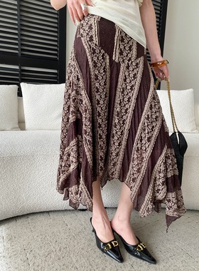 司南 早春新款 不规则蕾丝拼接设计感高腰显瘦A字半身裙 SN8589