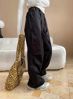 司南 早秋新款 美式街头抽绳松紧高腰口袋褶皱工装阔腿裤 SN7131