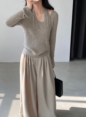 江左  假两件纯欲挂脖V领针织衫26春修身百搭韩里韩气设计感 BK09