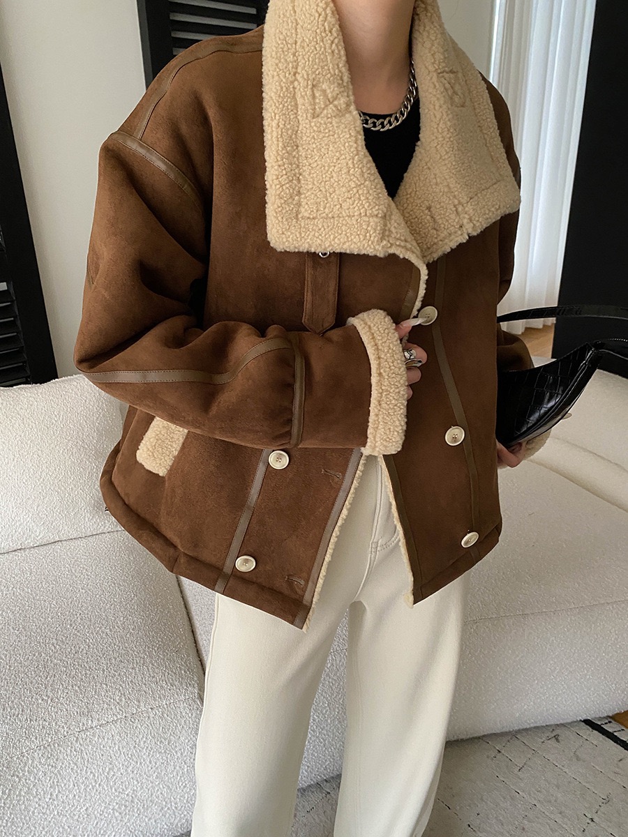 司南 博主巴恩风 复古立领仿皮毛一体颗粒绒保暖夹克外套 SN8428