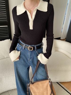 司南 摩登腔调 撞色POLO翻领喇叭袖修身显瘦打底针织衫 SN8440