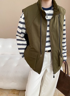 司南 街头中性风 时髦休闲抽绳立领工装口袋马甲外套叠穿 SN8203