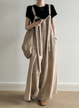 言双 设计感日系慵懒背带裤女 夏季垂感休闲拖地连体长裤98005