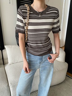 司南 英伦小调 天丝亚麻混纺撞色条纹正肩显瘦针织衫短袖 SN8707
