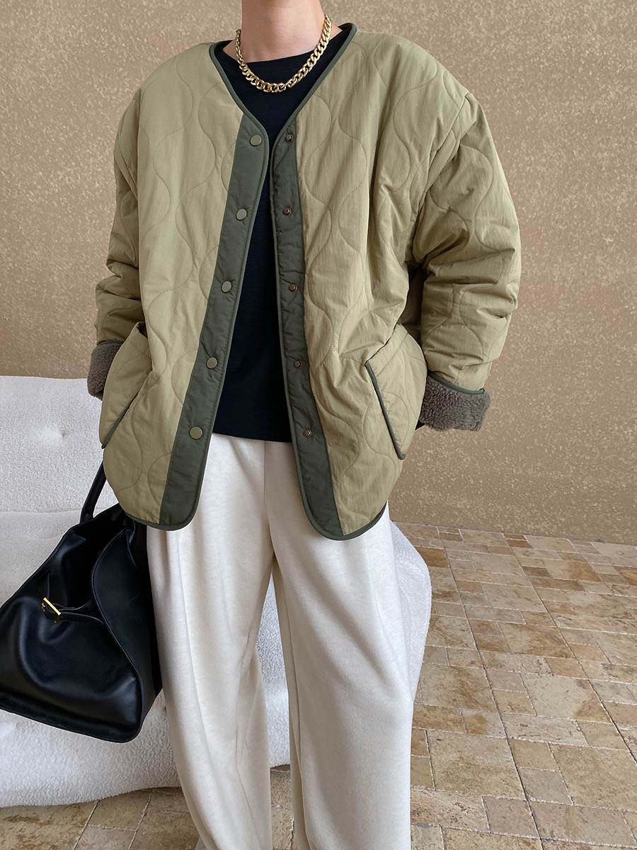 司南 设计感双口袋 拼色小V领牛油果绿衔缝宽松棉服外套 SN6613