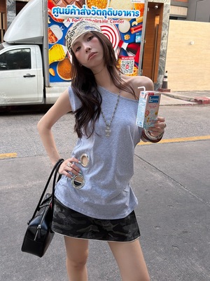 「 1.14 春夏新品 」 MMFISH大圆圈斜肩不规则短袖T恤 26T079