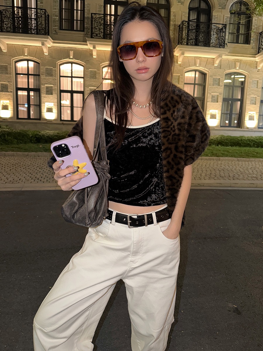 MMFISH时髦街头豹纹丝绒吊带辣妹修身显瘦百搭欧美无袖上衣25T660