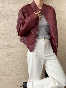 SN6412 机车风立领气质百搭夹克皮衣外套短款 司南 摩登安克拉红