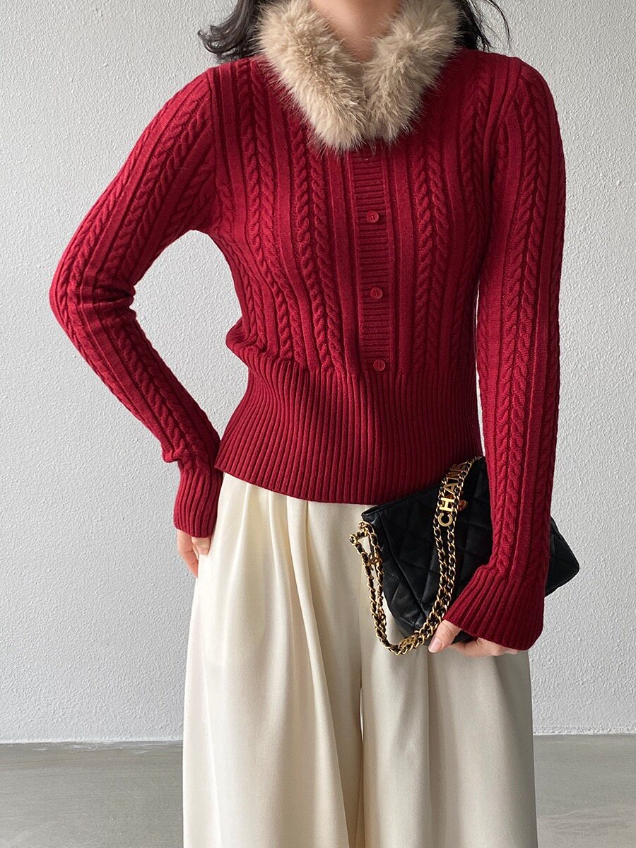 江左 圣诞新年红色可拆卸毛绒领麻花毛衣女秋冬收腰修身内搭 9977