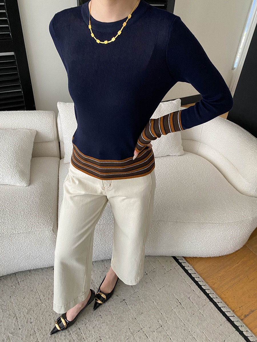 司南 博主腔调感 撞色条纹拼接假两件圆领修身显瘦针织衫 SN8445