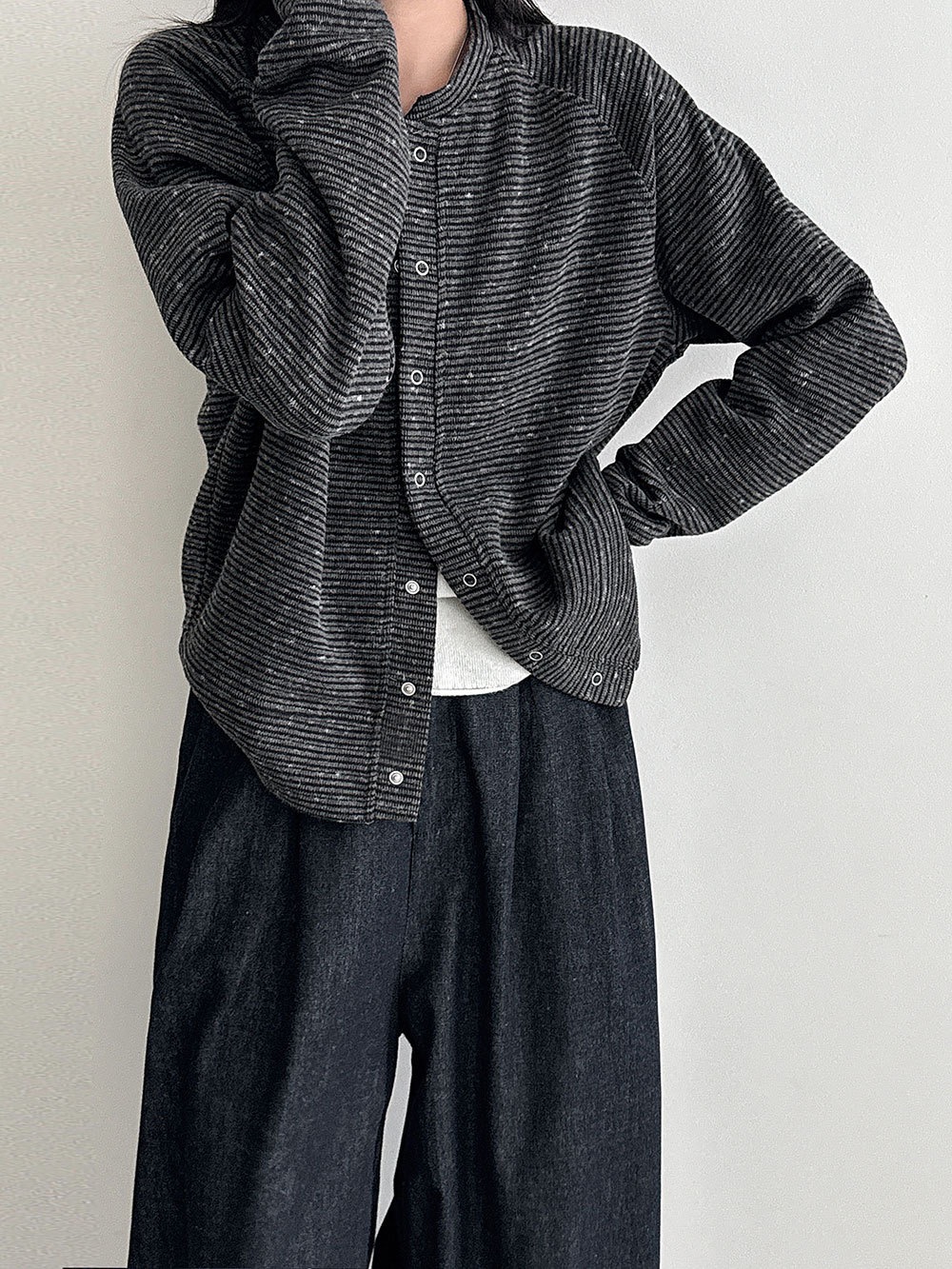 鹿西 韩系显瘦磨毛条纹开衫外套女秋季新款小个子棒球服上衣2106