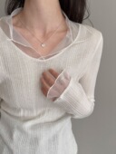 女2026早春羊毛薄款 鹿西 韩系网纱拼接V领针织打底衫 坑条T恤ss978