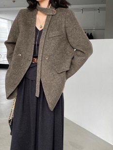 上衣809 百搭廓形老钱风西装 江左 韩系正肩飘带双面毛呢外套女冬季