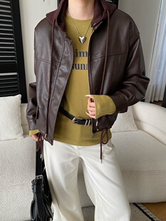 司南 美式街头感 可脱卸针织连帽PU皮加绒保暖皮衣外套 SN8486