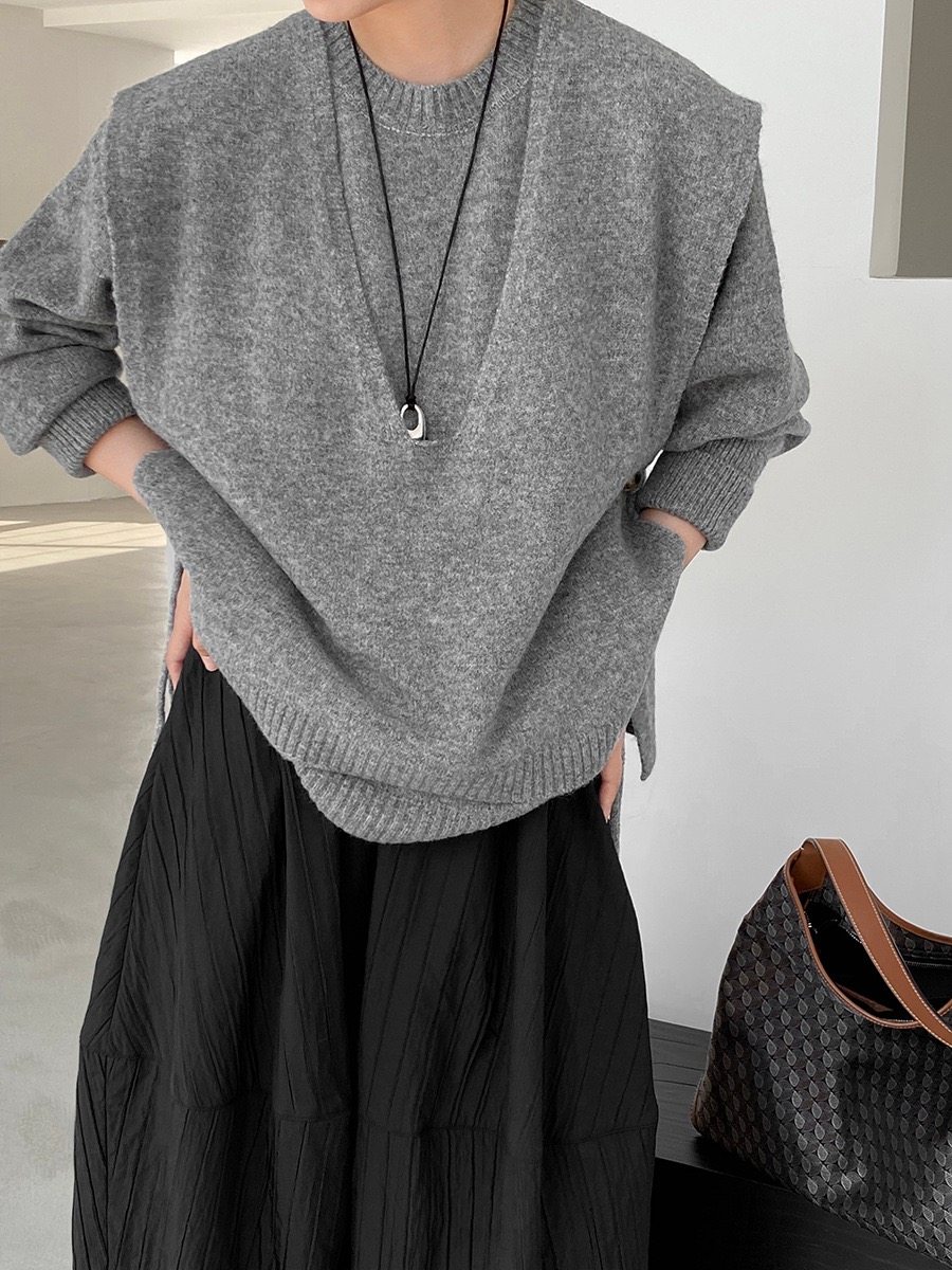 江左 韩系设计感套头针织两件套女不规则宽松马甲叠穿上衣女J8916