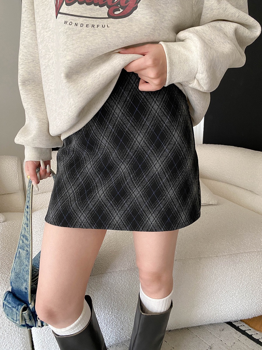 司南 复古学院风 小个子高腰显瘦A字格纹撞色毛呢半身裙 SN8397