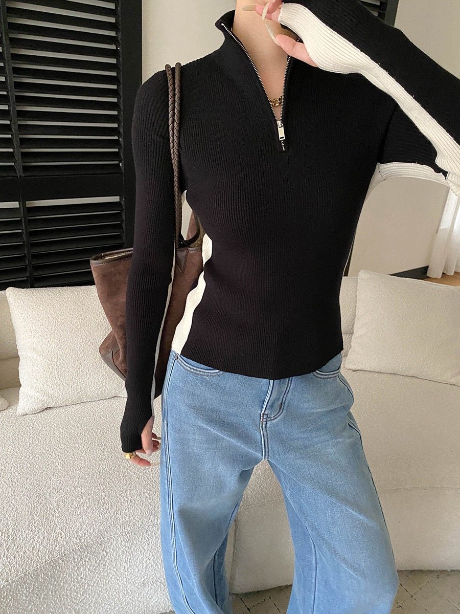 司南 气质通勤风 简约半拉链高领修身显瘦坑条针织衫打底 SN8520