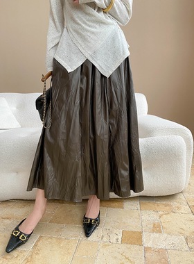 司南 早秋新款 轻奢肌理感褶皱PU皮松紧腰A字皮裙半身裙 SN7841