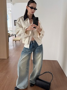 MMFISH时髦街头水洗猫须设计感低腰阔腿宽松浅色牛仔裤 25K406