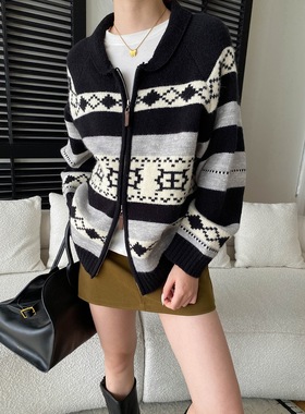 司南 北欧博主风 复古费尔岛提花翻领双拉链毛衣针织开衫 SN8497