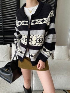 司南 北欧博主风 复古费尔岛提花翻领双拉链毛衣针织开衫 SN8497