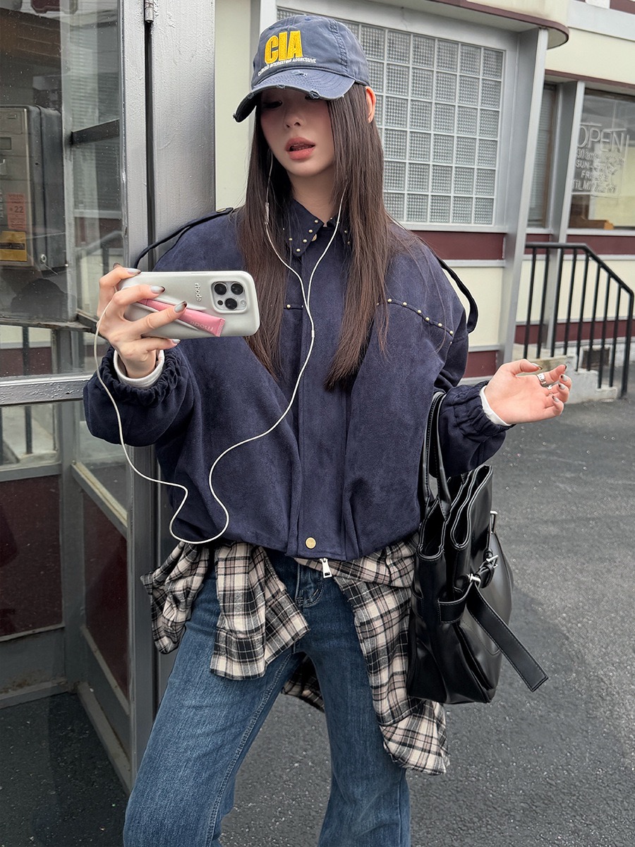 MMFISH时髦街头复古麂皮绒设计感铆钉夹克收腰飞机服外套25Y622