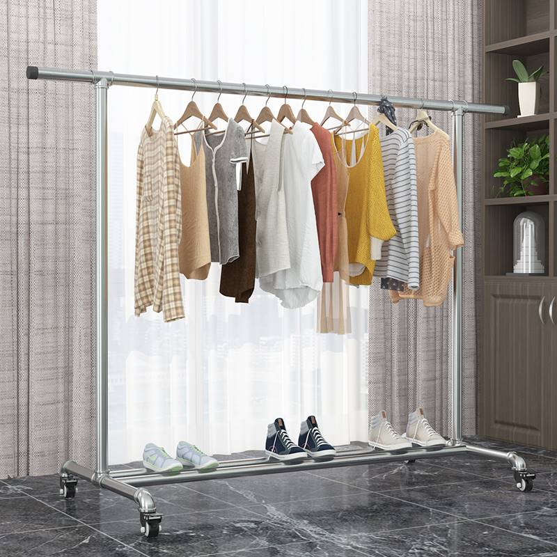 家用钢管晾衣架阳台卧室加粗落地晾晒腊肉被子单杆收纳带轮挂衣架