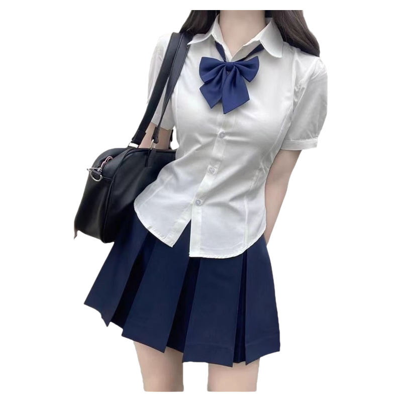 jk收腰衬衫制服上衣短袖原创正版夏季学院风泡泡袖白色衬衣套装女