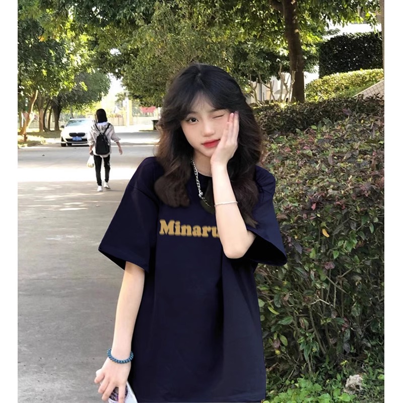 纯棉藏蓝色字母短袖t恤女2025年新款夏季宽松设计感小众潮牌上衣