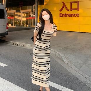 大码 针织裙子胖mm遮肚显瘦长裙 微胖休闲复古条纹连衣裙女夏季 短袖