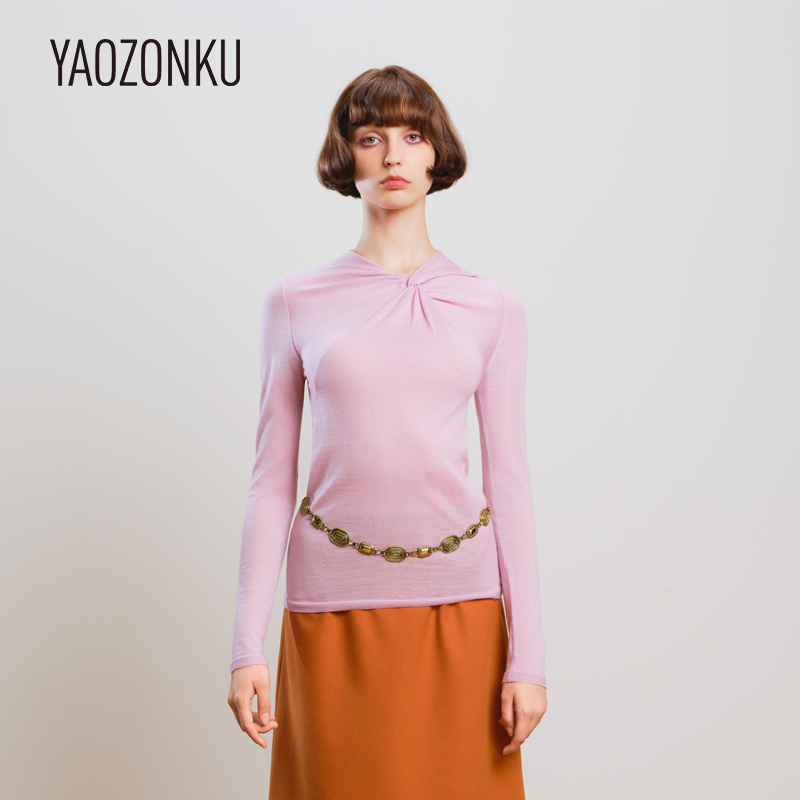 YAOZONKU姚宗谷25秋冬设计师款解构抽褶小V领超细羊毛衫