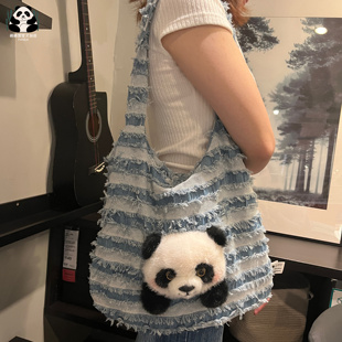 熊猫牛仔休闲包手提包独特帆布手拎包单肩包百搭成都旅游纪念品