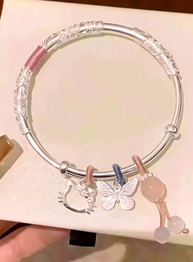 正品繁花似锦手镯女kitty猫999足银手镯送女朋友生日礼物清仓甩卖