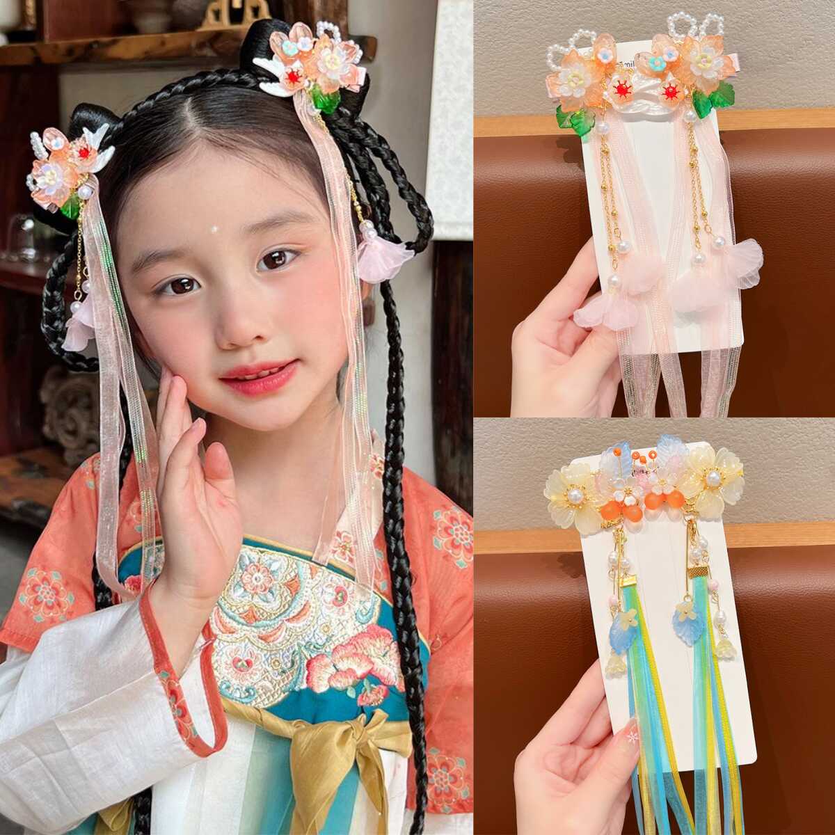 汉服儿童发饰樱花飘带对夹小女孩公主发卡女童古风感流苏发夹头饰
