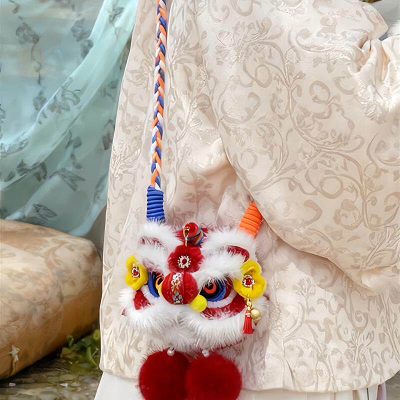 中国风中式醒狮包包手工毛绒虎头斜挎包春节过年喜庆儿童红包挎包