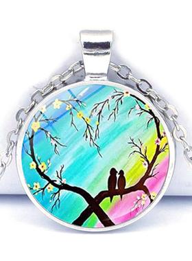 新款水彩树枝爱情鸟项链女百搭时光宝石合金吊坠跨境爆品毛衣链批