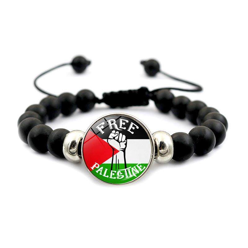 新款巴勒斯坦国旗手链女百搭黑色弹力串珠拉绳手环Palestine手饰