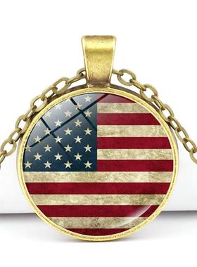 新款美国创意国旗项链饰品女百搭时光宝石USA复古旗帜吊坠项链毛