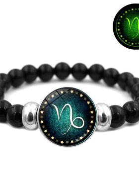 新款夜光十二星座时光宝石手串女欧美时尚黑色手工串珠手链饰品批