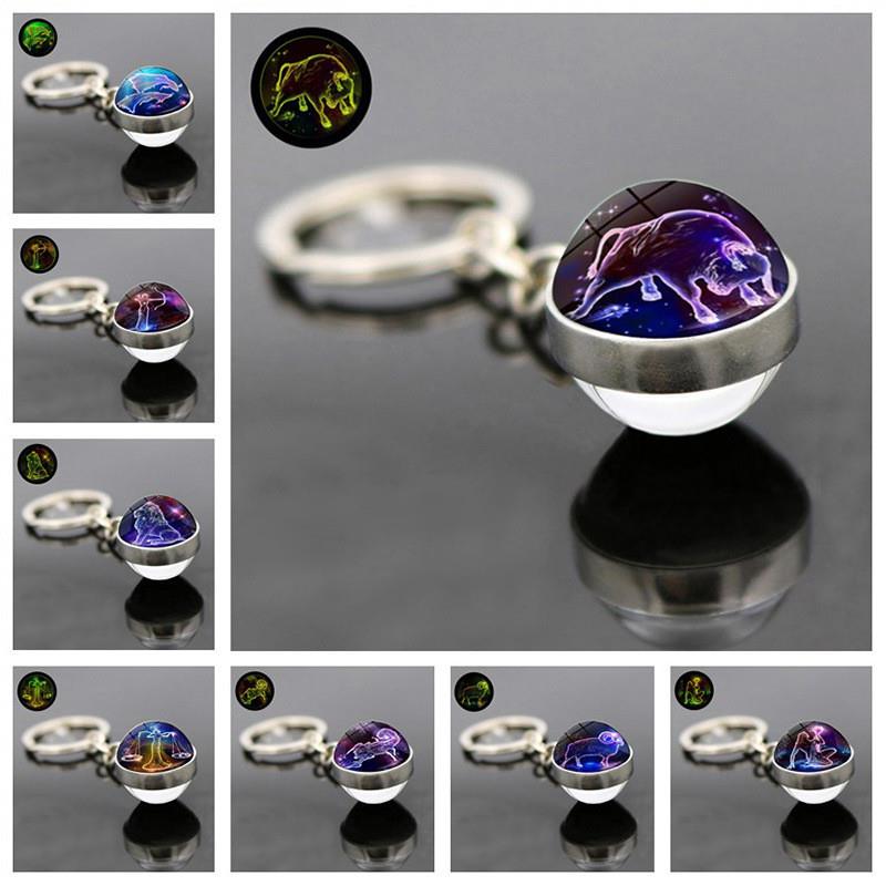 新款跨境新品配饰 十二星座时光宝石夜光钥匙扣挂件 双面玻璃球钥