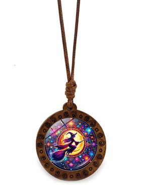 新款万圣节木质项链饰品挂件复古腊绳木头扫把女巫吊坠首饰毛衣链